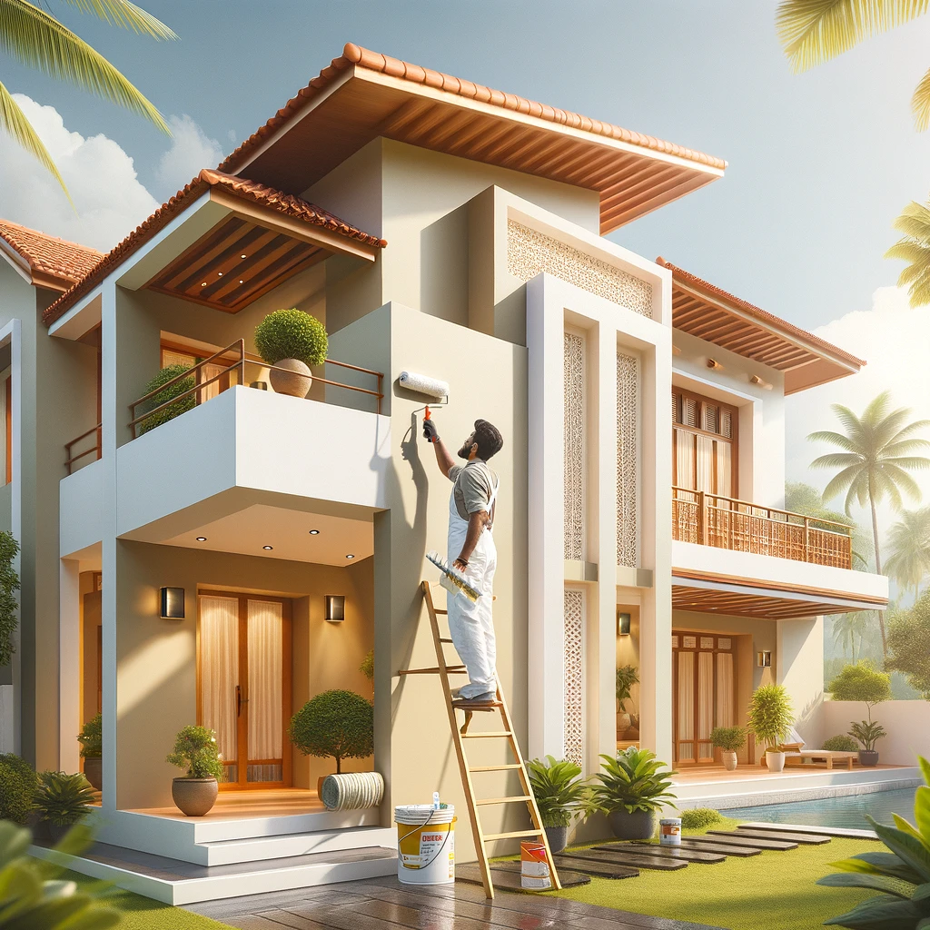 DALL·E 2024-12-09 14.34.56 - A professional house painter actively painting the exterior wall of a modern Kerala-style house. The house features a cream-colored exterior with clea